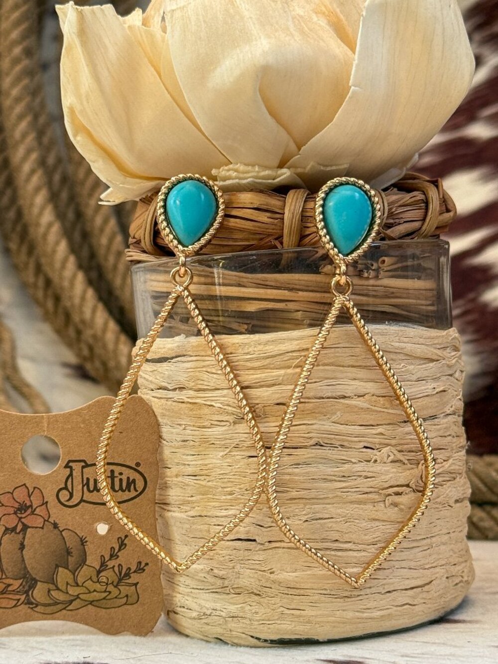 NWT Trenditions Justin Turquoise Gold Tone Rope 3" Western Chandelier Earrings